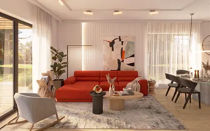 Wnętrze salonu z czerwonym sofą i drewnianym stolikiem, minimalistyczne elementy.