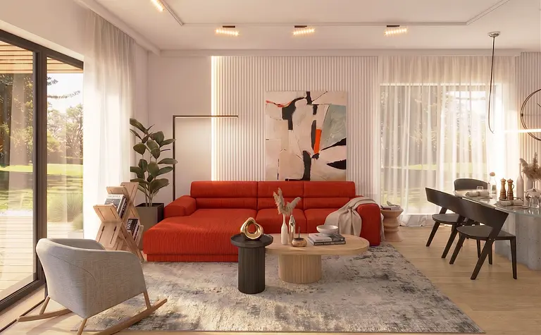 Wnętrze salonu z czerwonym sofą i drewnianym stolikiem, minimalistyczne elementy.