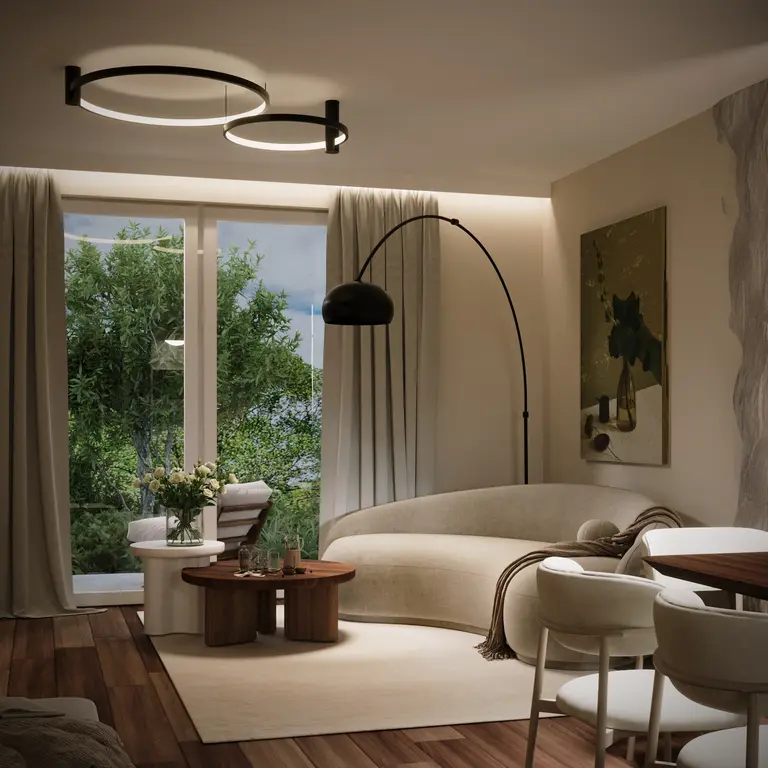 Wnętrze salonu w stylu boho, japandi i minimalistycznym z beżową sofą i drewnianymi meblami.