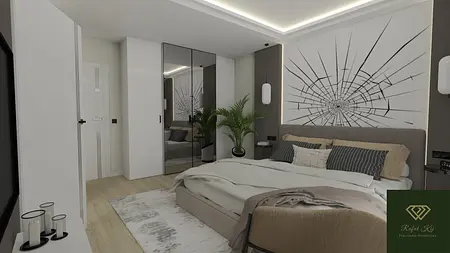 Wnętrze sypialni minimalistycznej z szarym łóżkiem i białymi meblami.