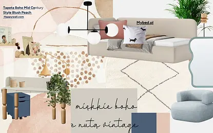 Wnętrze boho z jasnym łóżkiem, biurkiem i roślinami