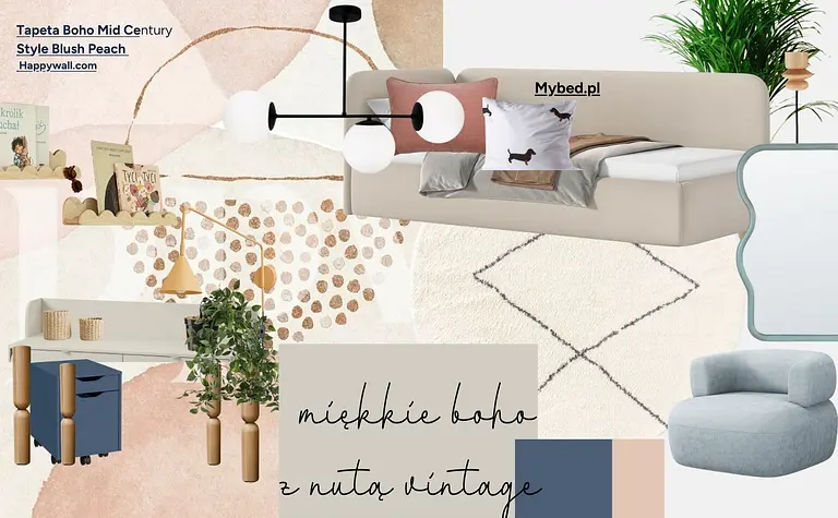 Wnętrze boho z jasnym łóżkiem, biurkiem i roślinami