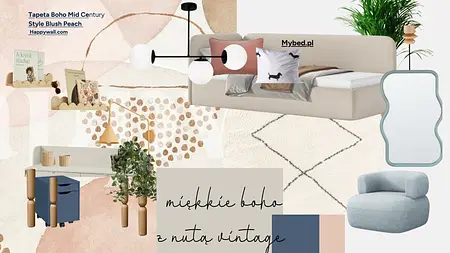 Wnętrze boho z jasnym łóżkiem, biurkiem i roślinami