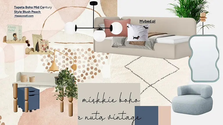 Wnętrze boho z jasnym łóżkiem, biurkiem i roślinami