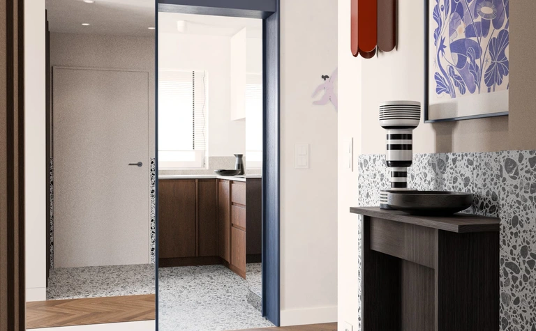 Wnętrze przedpokoju w stylu art deco, minimalistycznym, vintage z elementami eklektycznymi.