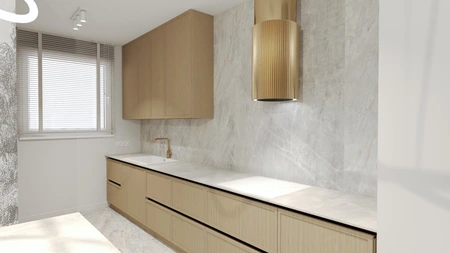 Nowoczesna kuchnia w stylu quiet luxury z drewnianymi meblami i marmurowym wykończeniem.
