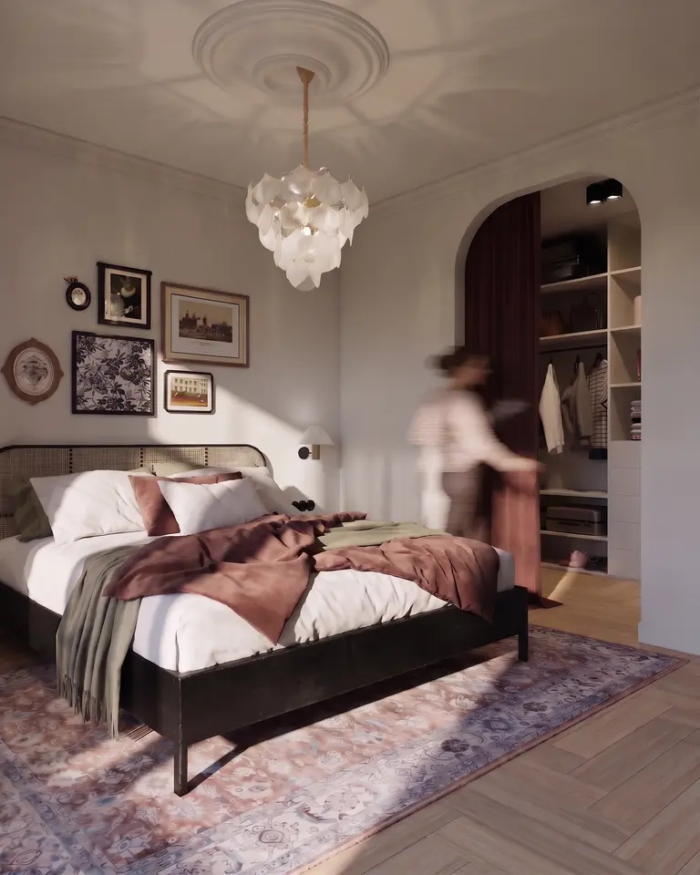 Sypialnia dopamine decor, minimalistyczny, nowoczesny, skandynawski, soft minimalizm z czarnym łóżkiem i różowym dywanem