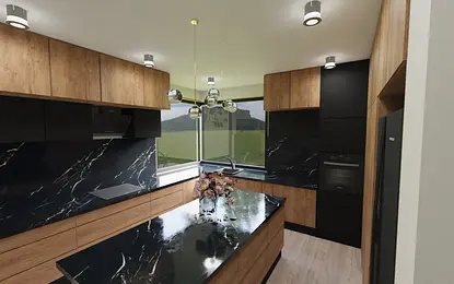 Kuchnia z nowoczesnym wystrojem, drewnianymi meblami i czarnym blatem. Współczesny design.