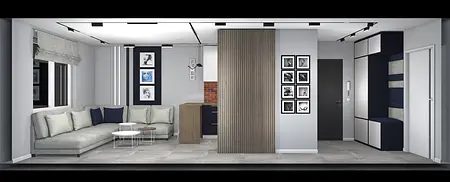 Wnętrze salonu z szarymi ścianami, brązowym drewnem i minimalistycznymi meblami. Styl: art deco, boho, industrialny.