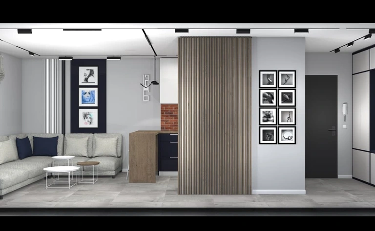Wnętrze salonu z szarymi ścianami, brązowym drewnem i minimalistycznymi meblami. Styl: art deco, boho, industrialny.