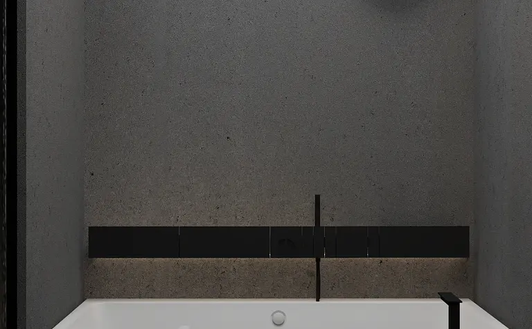 Wnętrze łazienki z betonowymi ścianami i wanną w stylu industrialnym i minimalistycznym.