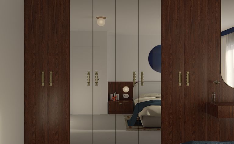 Wnętrze sypialni z brązowymi szafkami, minimalistyczne akcenty, styl dopamine decor i eklektyczny.