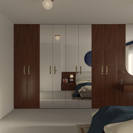 Wnętrze sypialni z brązowymi szafkami, minimalistyczne akcenty, styl dopamine decor i eklektyczny.