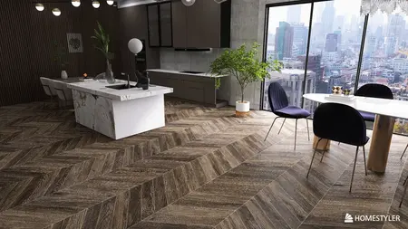 Wnętrze kuchni w stylu japandi z drewnianą podłogą i nowoczesnym wykończeniem.