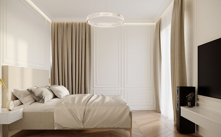Sypialnia z beżowymi zasłonami i drewnianą podłogą, styl quiet luxury.