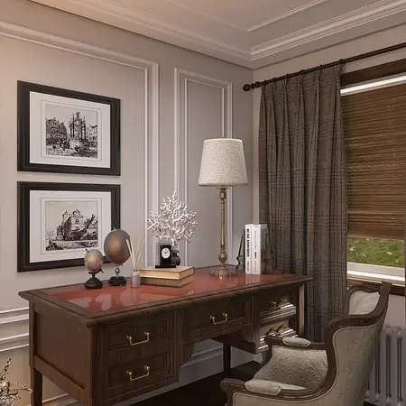 Sypialnia z beżowymi zasłonami i drewnianą podłogą, styl quiet luxury.