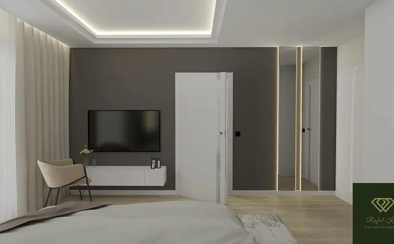 Wnętrze sypialni z minimalistycznym designem, szarymi ścianami i białymi meblami.