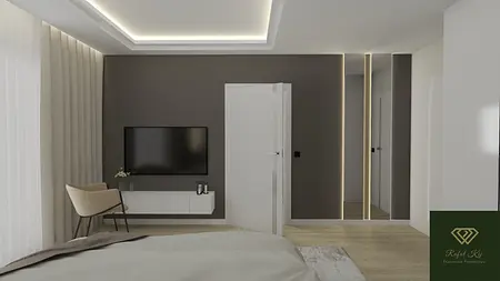 Wnętrze sypialni z minimalistycznym designem, szarymi ścianami i białymi meblami.