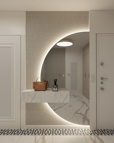 Przedpokój z marmurową ławą, oświetleniem LED, glamour i nowoczesny design