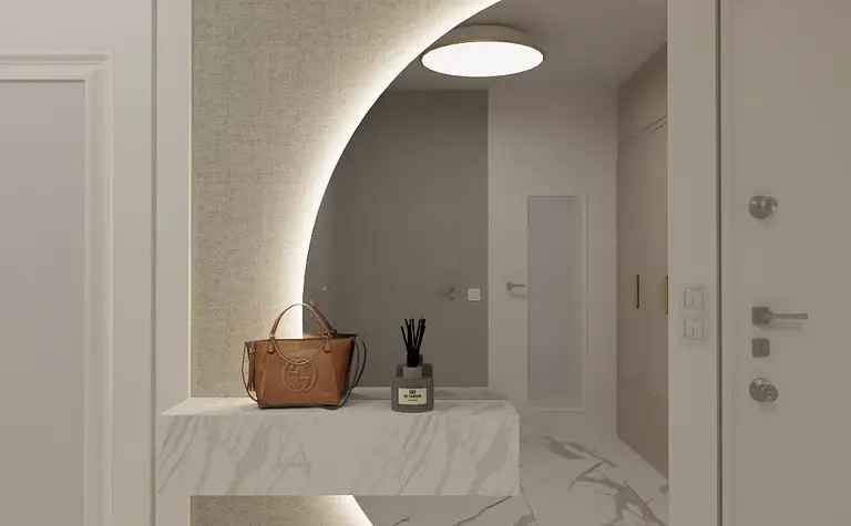 Przedpokój z marmurową ławą, oświetleniem LED, glamour i nowoczesny design