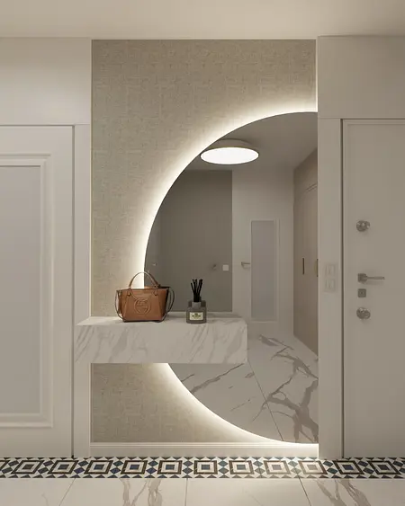 Przedpokój z marmurową ławą, oświetleniem LED, glamour i nowoczesny design