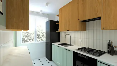 Kuchnia w stylu boho i minimalistycznym z drewnianymi meblami oraz nowoczesnym blatem.