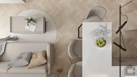 Nowoczesne wnętrze salonu z elementami glamour i industrialnymi, jasne meble i rośliny.