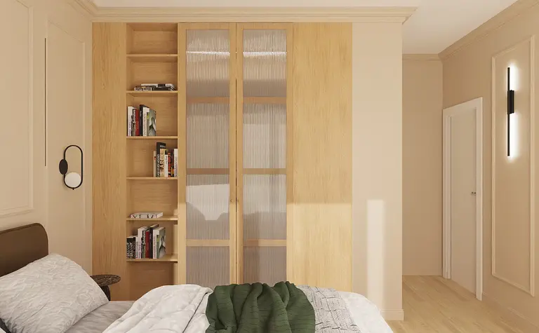 Wnętrze sypialni z minimalistycznym designem, soft minimalizm, nowoczesne meble i jasne kolory.