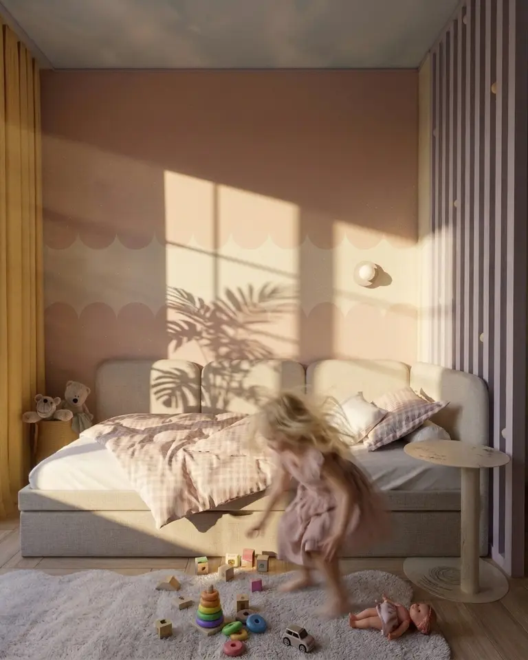 Pokój dziecięcy dopamine decor, minimalistyczny, nowoczesny, skandynawski, soft minimalizm, łóżko, zabawki