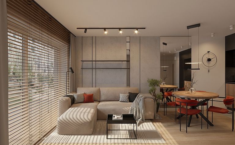 Wnętrze salonu z minimalistycznym designem, beżowa sofa i drewniany stół.