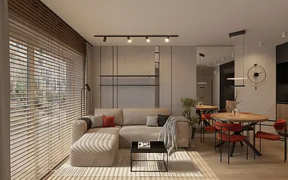 Wnętrze salonu z minimalistycznym designem, beżowa sofa i drewniany stół.