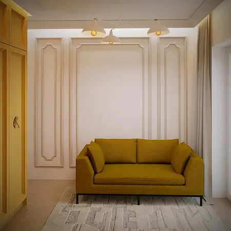 Wnętrze salonu z żółtą sofą, boho i glamour stylami.