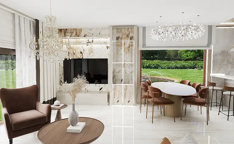 Wnętrze współczesne z białymi meblami i brązowym fotelem.