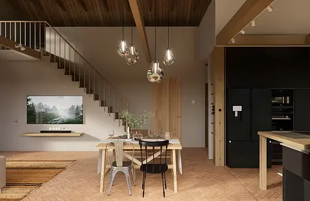 Wnętrze jadalni w stylu eklektycznym z rustykalnym drewnianym stołem i vintage krzesłami.