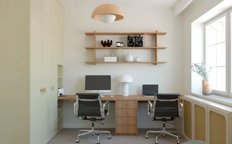 Gabinet w stylu boho i soft minimalizm z biurkiem i nowoczesnymi akcesoriami.