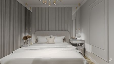 Wnętrze sypialni z białym łóżkiem i szarymi ścianami w stylu nowoczesnym i współczesnym.