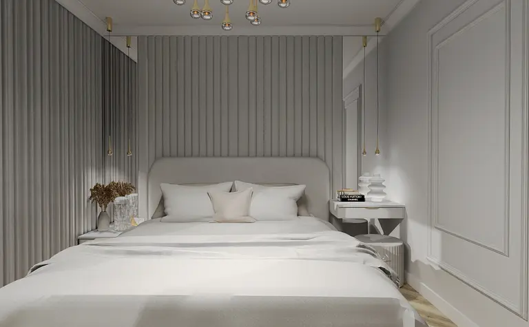 Wnętrze sypialni z białym łóżkiem i szarymi ścianami w stylu nowoczesnym i współczesnym.