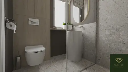 Wnętrze łazienki z białą umywalką i drewnianymi elementami w minimalistycznym stylu.