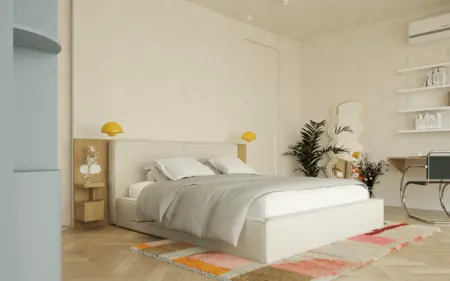 Wnętrze sypialni z łóżkiem, żółtymi lampami i roślinami, styl art deco, minimalistyczny, vintage.