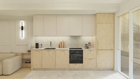 Kuchnia w stylu minimalistycznym z drewnianymi meblami i nowoczesnymi akcentami.