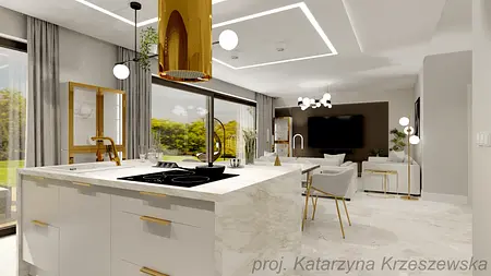 Wnętrze kuchni w stylu minimalistycznym z białymi meblami i złotymi detalami.