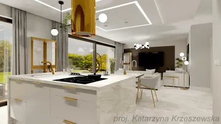 Wnętrze kuchni w stylu minimalistycznym z białymi meblami i złotymi detalami.