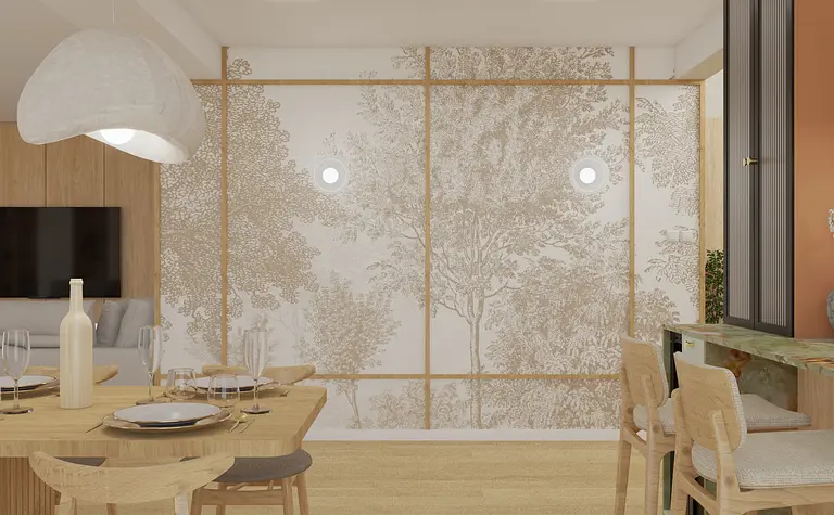 Wnętrze jadalni w stylu japandi z drewnianym stołem i nowoczesnymi detalami.