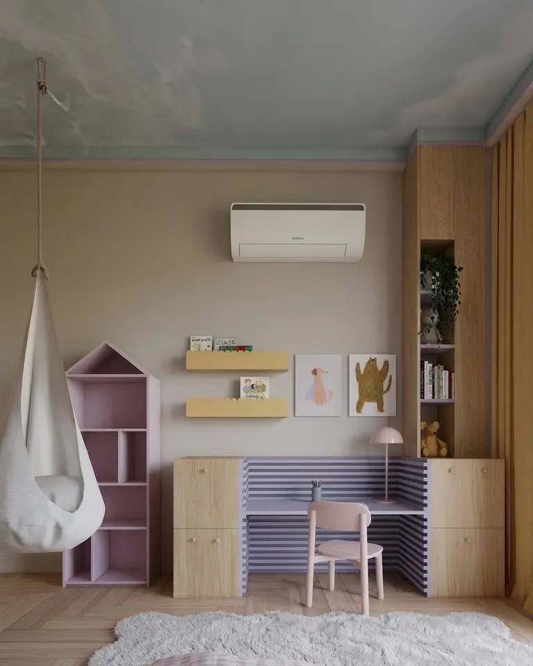 Pokój dziecięcy w stylu dopamine decor, minimalistyczny, nowoczesny, skandynawski, soft minimalizm – fioletowe biurko, różowe krzesełko, żółte półki i domkowy regał