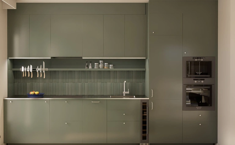 Kuchnia w stylu dopamine decor i japandi z zielonymi meblami i minimalistycznym wykończeniem.