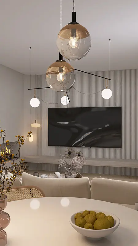 Wnętrze salonu w stylu boho i minimalistycznym z nowoczesnym oświetleniem.