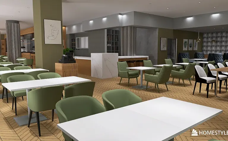 Wnętrze restauracji z minimalistycznym, rustykalnym i tradycyjnym stylem, zielone krzesła