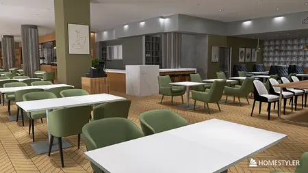 Wnętrze restauracji z minimalistycznym, rustykalnym i tradycyjnym stylem, zielone krzesła