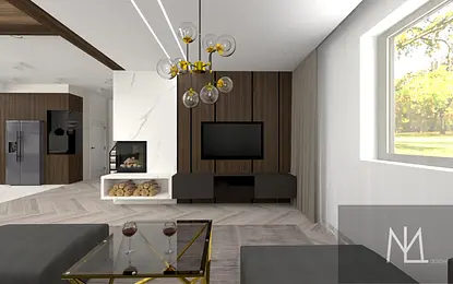 Salón z minimalistycznym wystrojem, drewnianą ścianą i kominkiem.