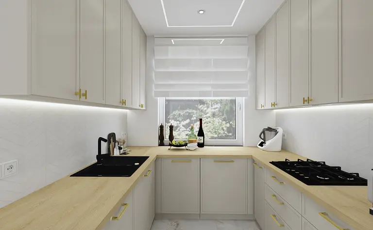 Nowoczesna kuchnia glamour z jasnymi meblami i drewnianym blatem, stylowy design.